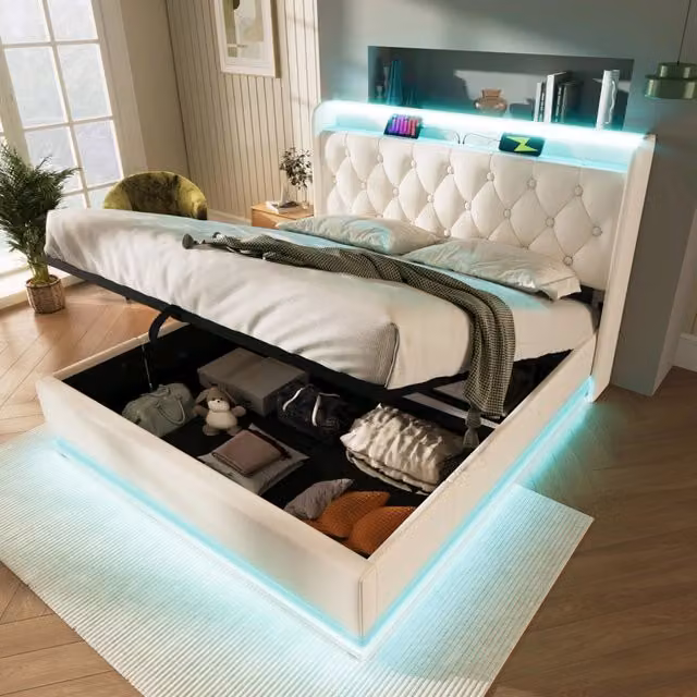 Letto matrimoniale contenitore ULEVR 140x200 cm con LED 360¡ã, USB e Type-C, testiera imbottita in PU bianco