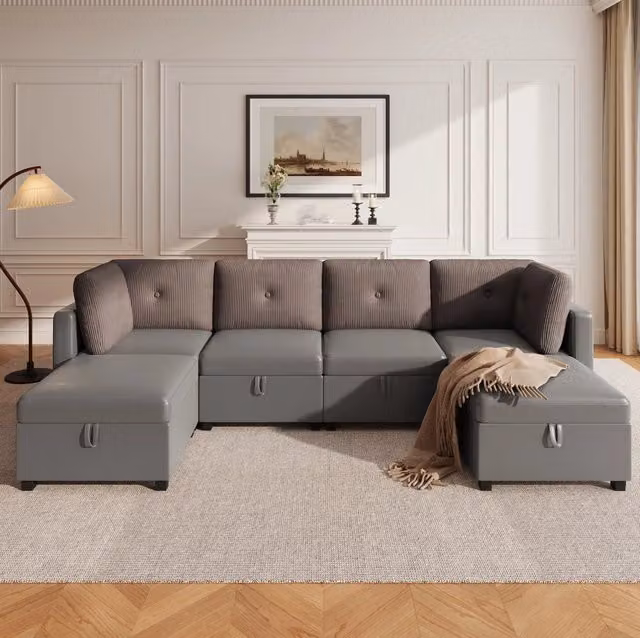 Divano modulare ULEVR 6 moduli a U con contenitori, configurabile a L e superficie distesa, velluto e corduroy grigio antico