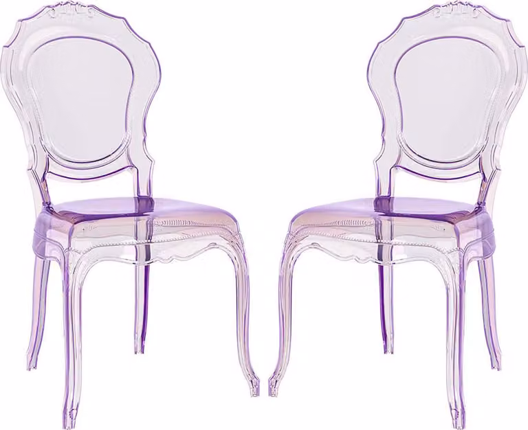 Set da 2 sedie trasparenti in policarbonato in stile barocco moderno, eleganti – per cucina, sala da pranzo o locali di design – Raya – Viola