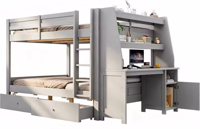 Letto a castello 140x200 cm con scrivania; cassetti e armadio laterale; grigio