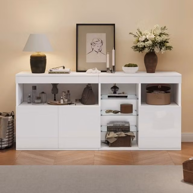 Credenza con 3 ante, vano aperto e ripiani in vetro, illuminazione LED per soggiorno, bianca, 155,5 × 35 × 72 cm
