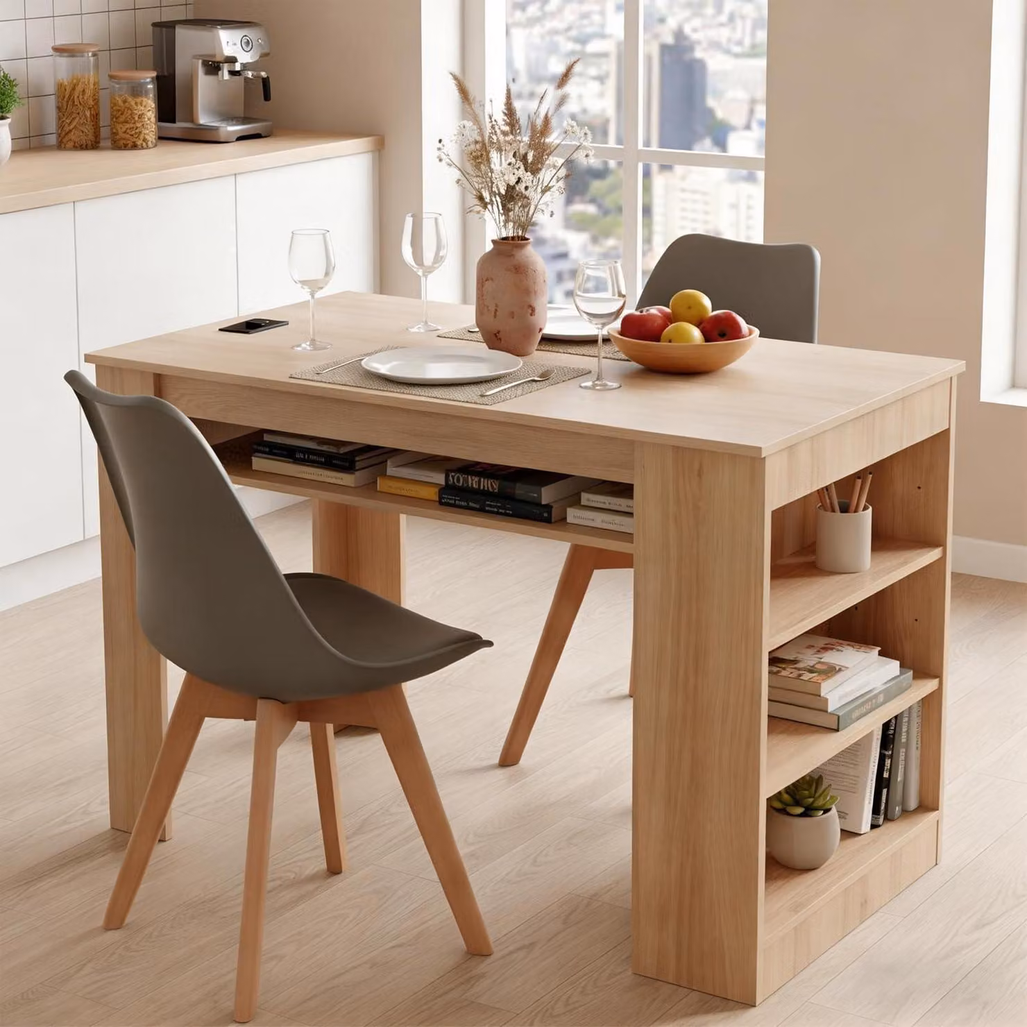 Tavolo da pranzo con 2 sedie, set da bar con porta USB, tavolo da cucina da 111 cm con 4 ripiani, legno di quercia + 2 sedie grigie