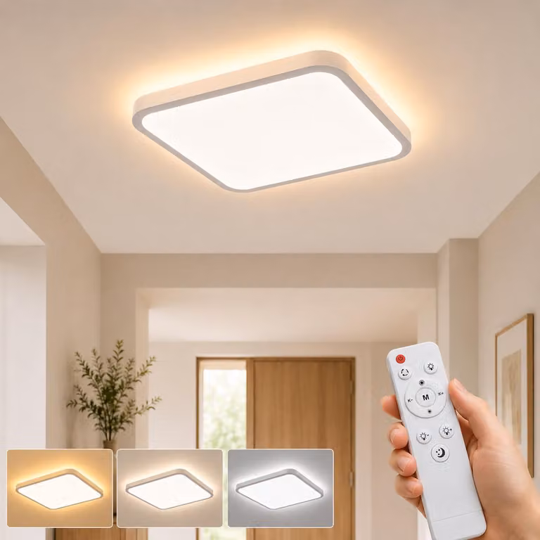 Lampada da soffitto a LED da 24W con luce notturna, 3200LM - 1800K, luce ambrata. Lampada piatta, dimmerabile, 29cm. Funzioni: timer con memoria, controllo remoto. Ideale per la camera da letto, design quadrato