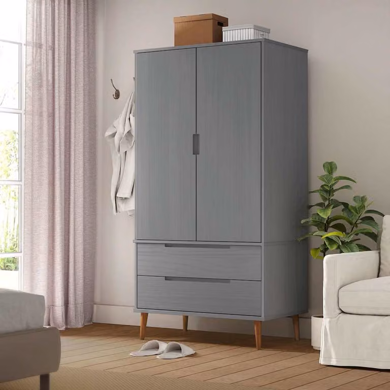 Armadio MOLDE vidaXL in legno massello di pino grigio con cassetti integrati L 90 cm x P 55 cm x H 175 cm