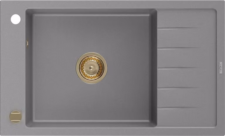 Mexen Elias lavello in granito a 1 vasca con sgocciolatoio 795 x 480 mm, grigio, sifone dorato - 6511791005-71-G