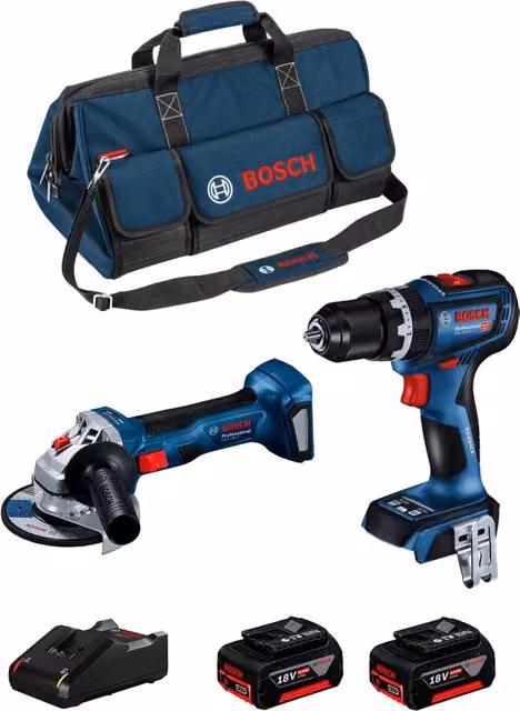 Kit Bosch BK2017BAG con Trapano Avvitatore GSB 18V-90 C, Smerigliatrice GWS 18V-7 e 2 Batterie da 5,0 Ah Blu