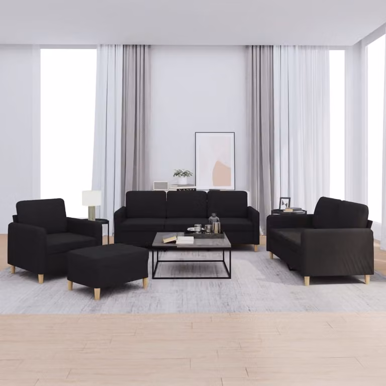 Set di divani vidaXL 4 pezzi con pouf e cuscini, design moderno in tessuto nero per soggiorno