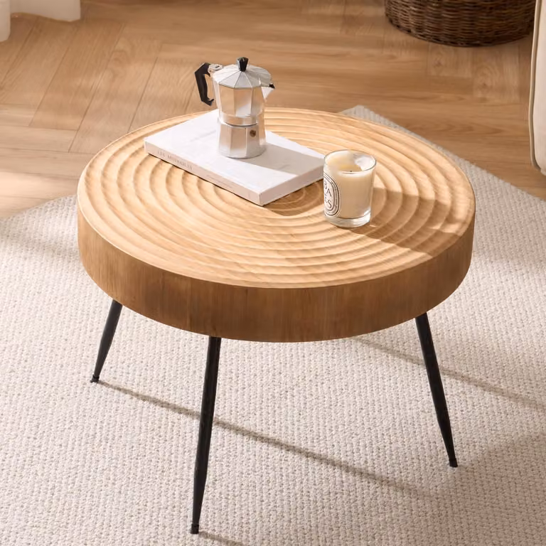Tavolino laterale rotondo in legno, 60x42 cm, con motivo a anelli annuali