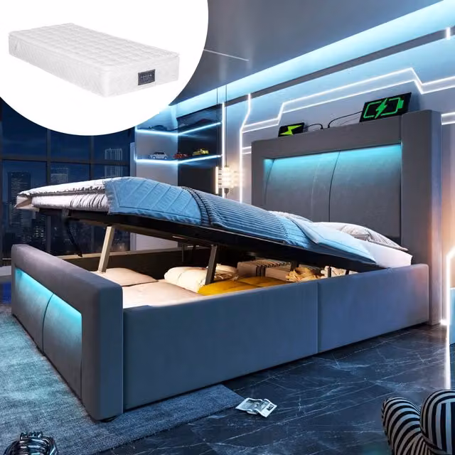 Letto contenitore singolo 90 × 200 cm, LED regolabile, 3 USB e Type-C, materasso incluso, velluto grigio