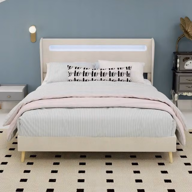 Letto imbottito 140x200 - Xylo - Beige con testiera illuminata