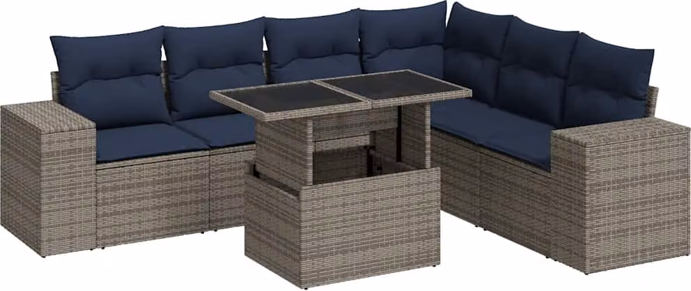 Set Divani Giardino 7 pz con Cuscini Polyrattan Grigio Acacia