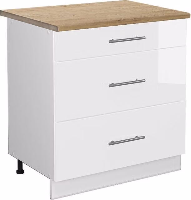 Mobiletto base per cucina Fame-Line Bianco lucido/Bianco 80 cm con 3 cassetti, PL Rovere Vicco