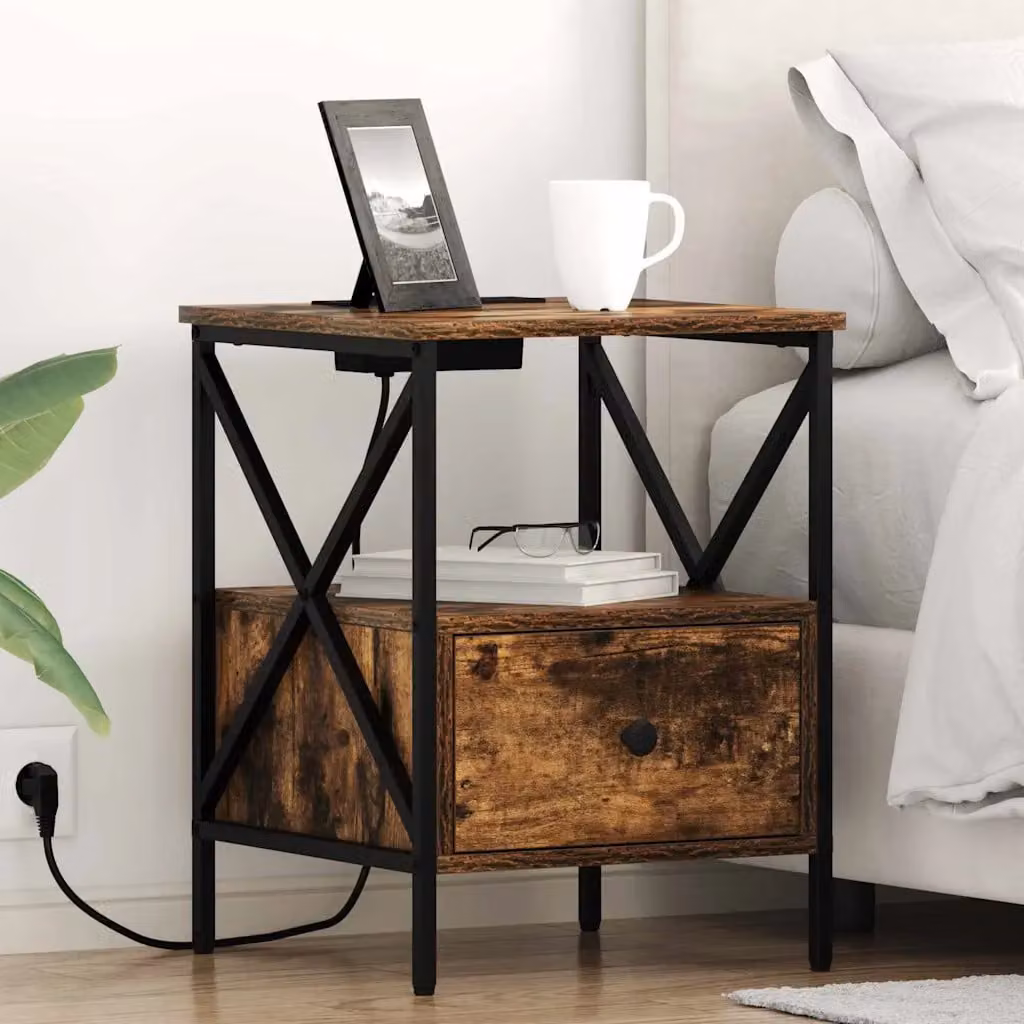 Set di 2 Armadi da Notte vidaXL in Rovere Fumé, Stile Rustico, L 41,5 cm x P 40,5 cm x H 55 cm