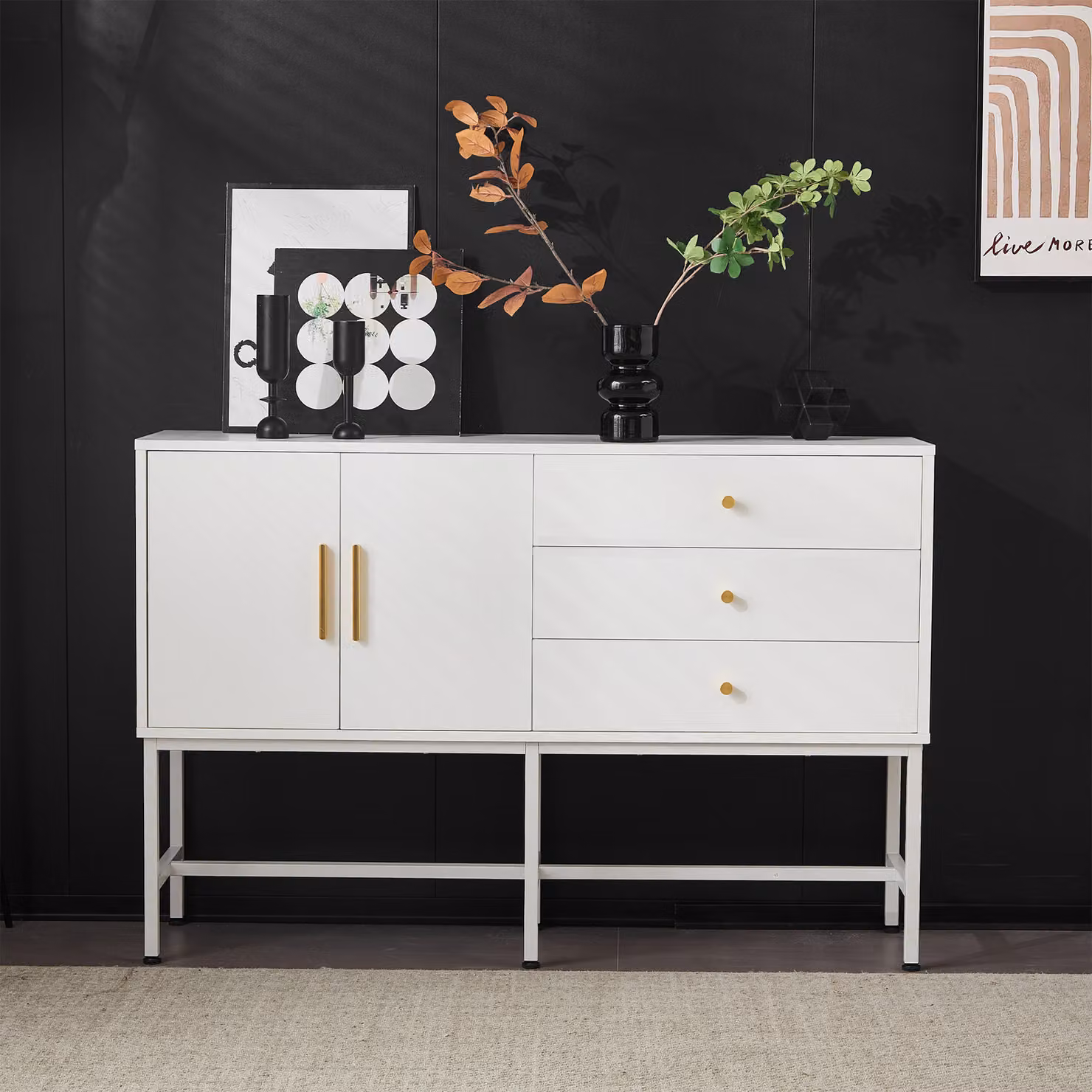Cassettiera AIORBER, con due ante e tre cassetti, maniglie dorate e piedini in metallo, stabile, per soggiorni, camere da letto, uffici, 120x32x80cm, bianco