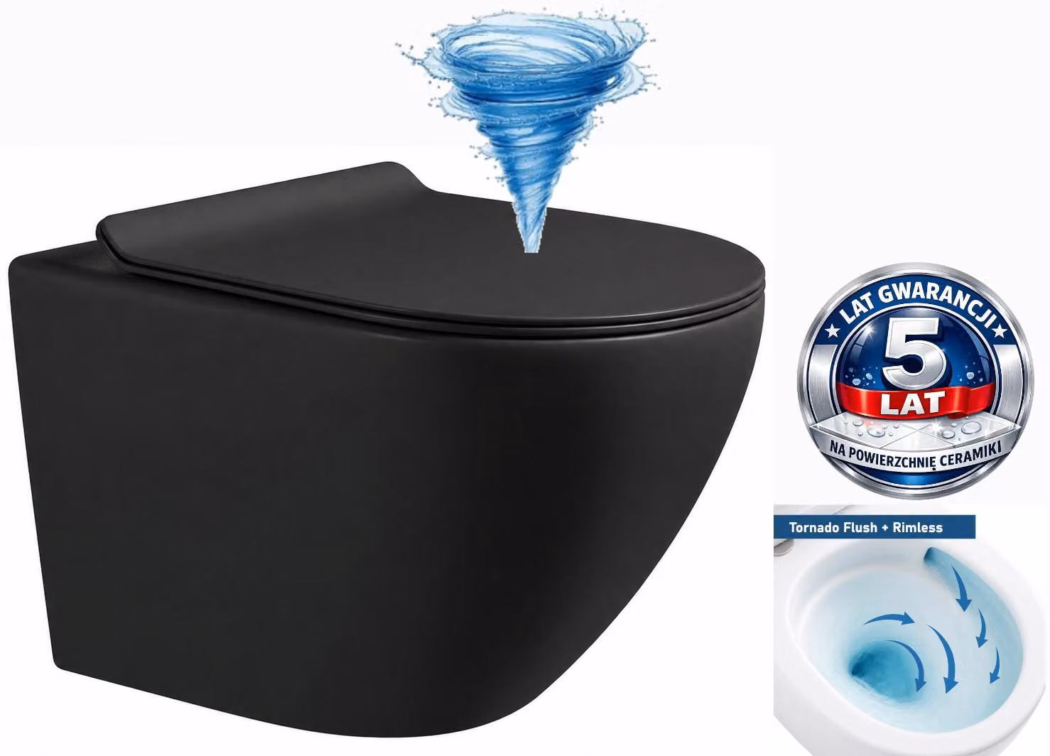 Domotechnika | Sedile WC - 48x37x37 cm - Scarico Tornado - Sedile WC Slim con chiusura ammortizzata - Nero opaco