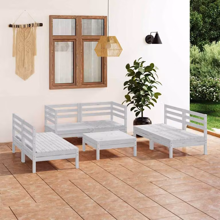 Set di divani da giardino vidaXL a forma di U in legno di pino bianco con 7 pezzi e cuscini inclusi