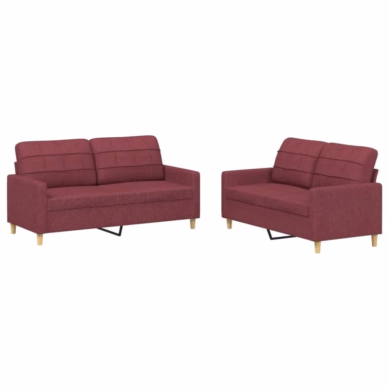 Set di Divani 2 pz con Cuscini Rosso Vino in Tessuto
