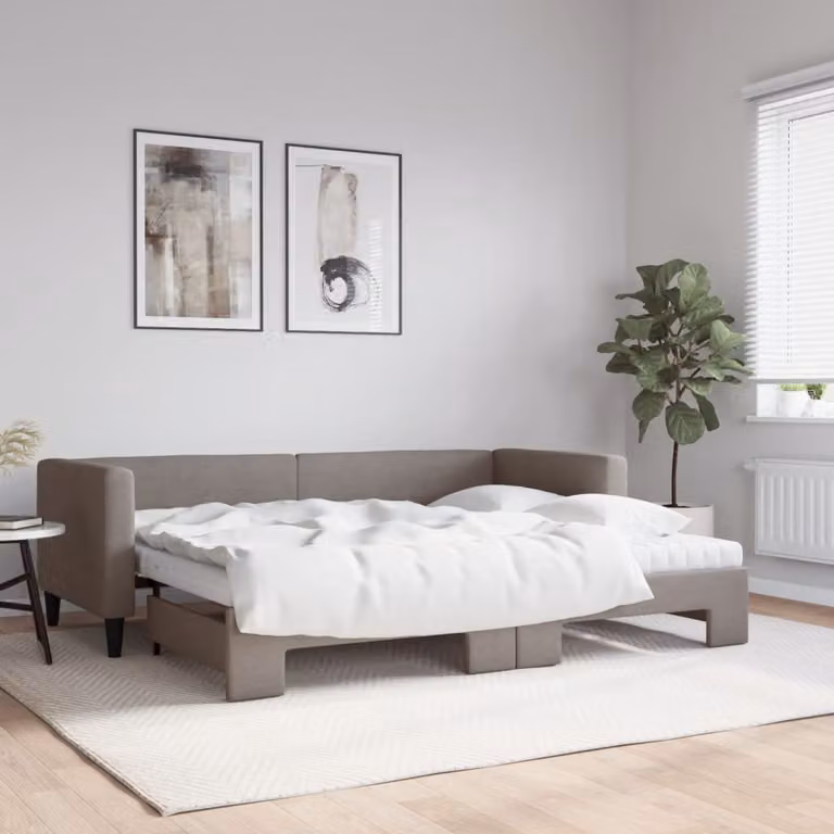 vidaXL Divano Letto Estraibile in Tessuto Beige con Materassi L/P/H: 223 x 80 x 90 cm