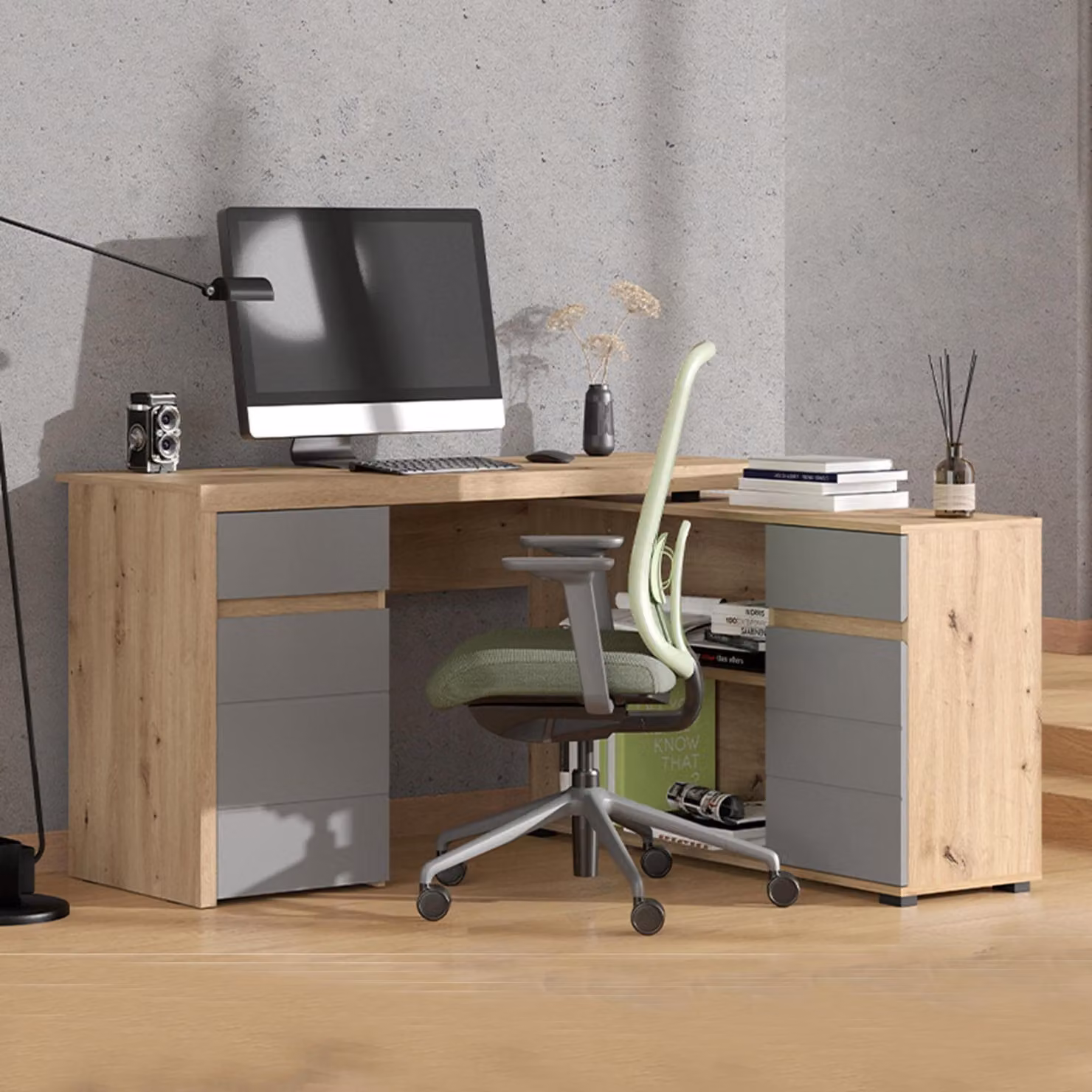 Piran - Scrivania, 140x124x77h cm Marrone Rovere Nodi, Angolare