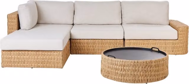 Set da giardino Beliani a forma di L con divano a 4 posti lato destro, pouf, tavolino da caffè e cuscini beige in tessuto resistente ai raggi UV