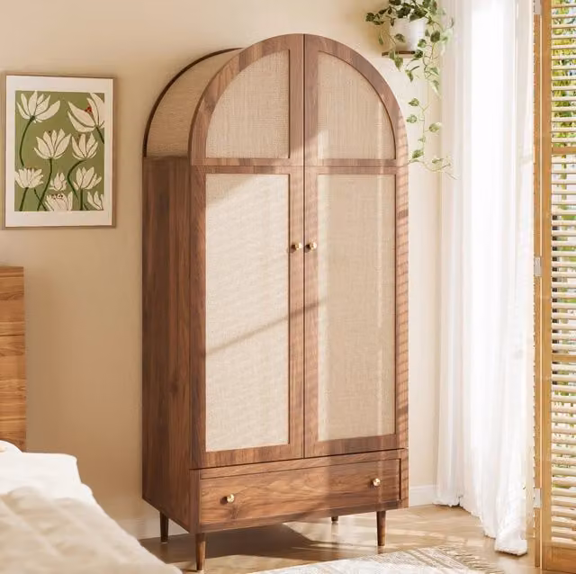 Armadio guardaroba ad arco con ante in tessuto e cassetto; 79x50x175 cm; MDF effetto noce
