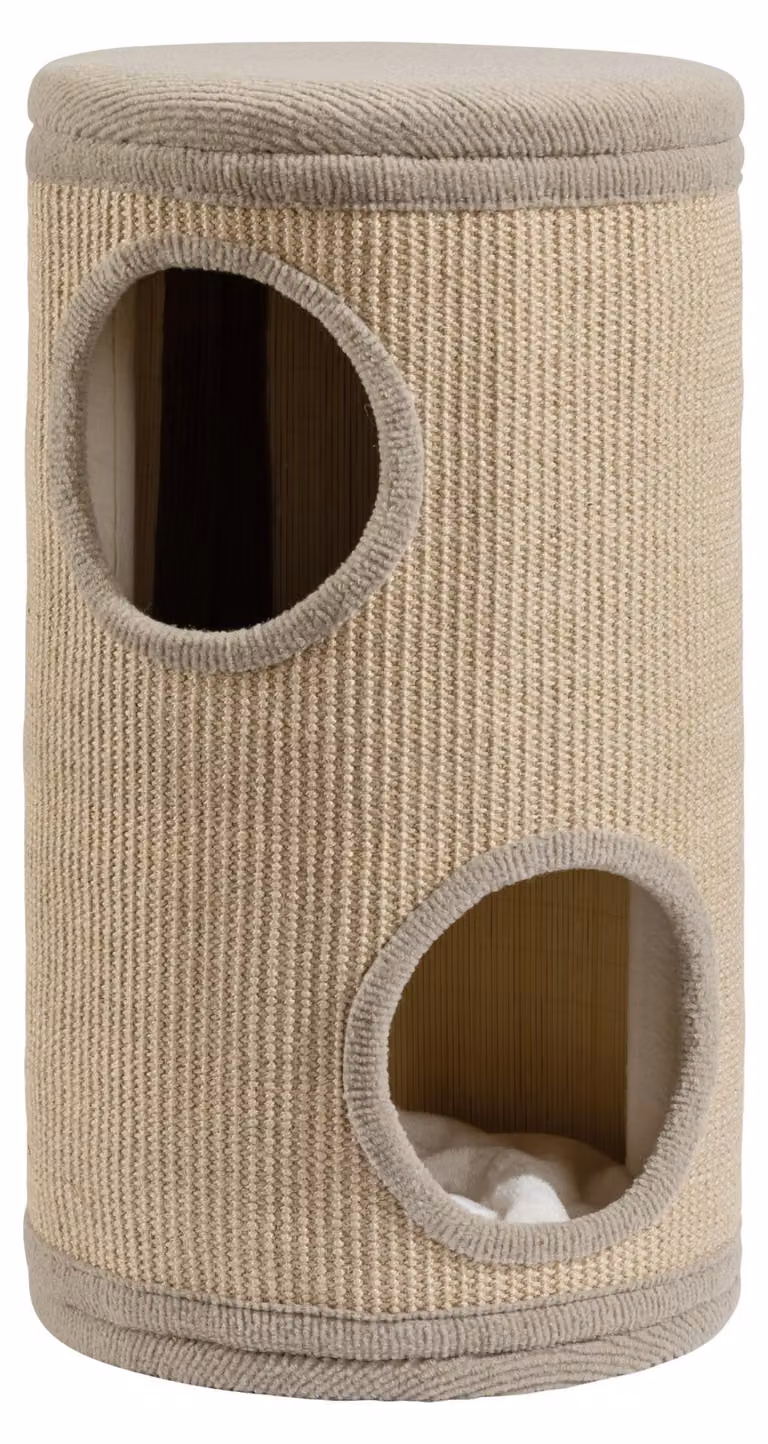 Casetta per gatti "Fudajo Forest" color sabbia, altezza 61 cm, diametro 35 cm, inclusa imbottitura. Casetta per gatti con 2 ingressi