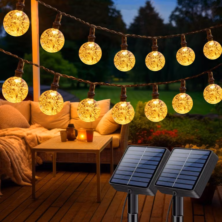 Catena luminosa solare, 15 metri, 50 sfere di cristallo a LED, luce bianco caldo, grado di protezione IP65, 8 modalità