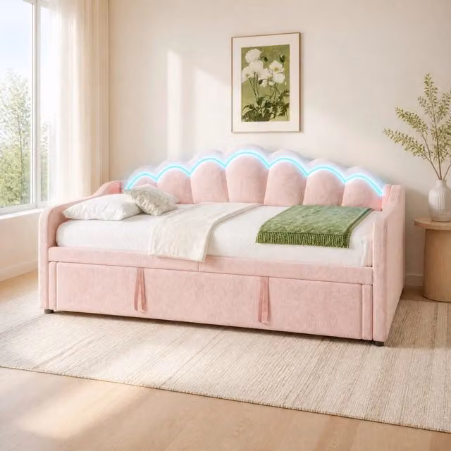 Divano letto MIVRAY in velluto rosa con letto estraibile e illuminazione LED, trasformabile da 90 x 200 cm a 180 x 200 cm – 1