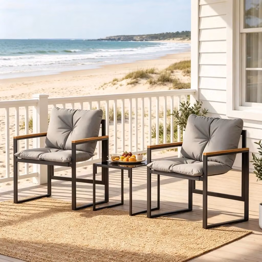 Set lounge da giardino WISHDOR 3 pezzi con tavolino in vetro e sedie imbottite, nero e grigio – 2
