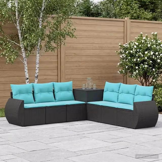 Set di divani da giardino vidaXL a forma di L in rattan sintetico e metallo, colore nero e blu, composto da 7 pezzi con cuscini inclusi