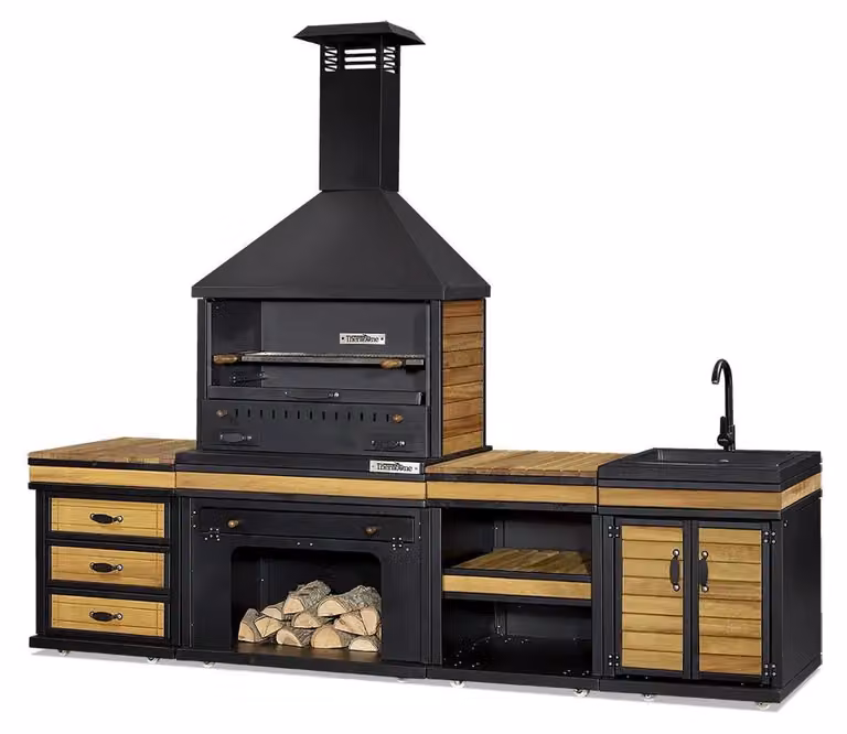 Außenküche in Schwarz Holz Edelstahl modern robust