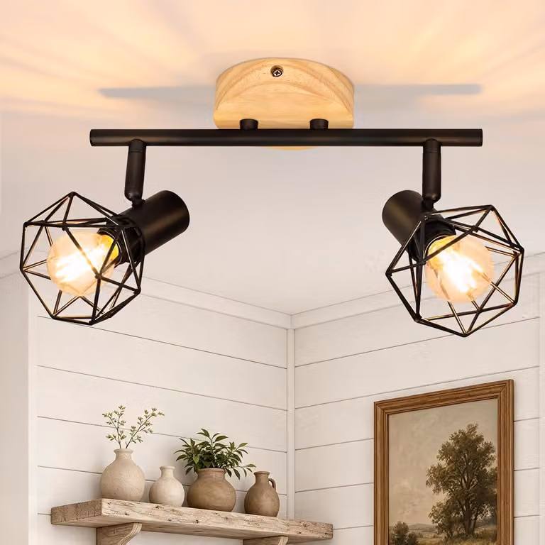 ZMH Lampada da soffitto a due luci, nera, in legno, ideale per corridoi, cucine e soffitti in stile industriale. Lampada da soffitto orientabile a 350°, attacco E14, adatta anche per la camera da letto