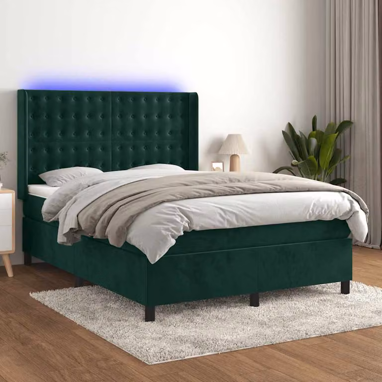 Letto Ibrido con Materasso a Molle Insacchettate e Illuminazione LED vidaXL in Velluto Verde Scuro L/P: 140 x 200 cm