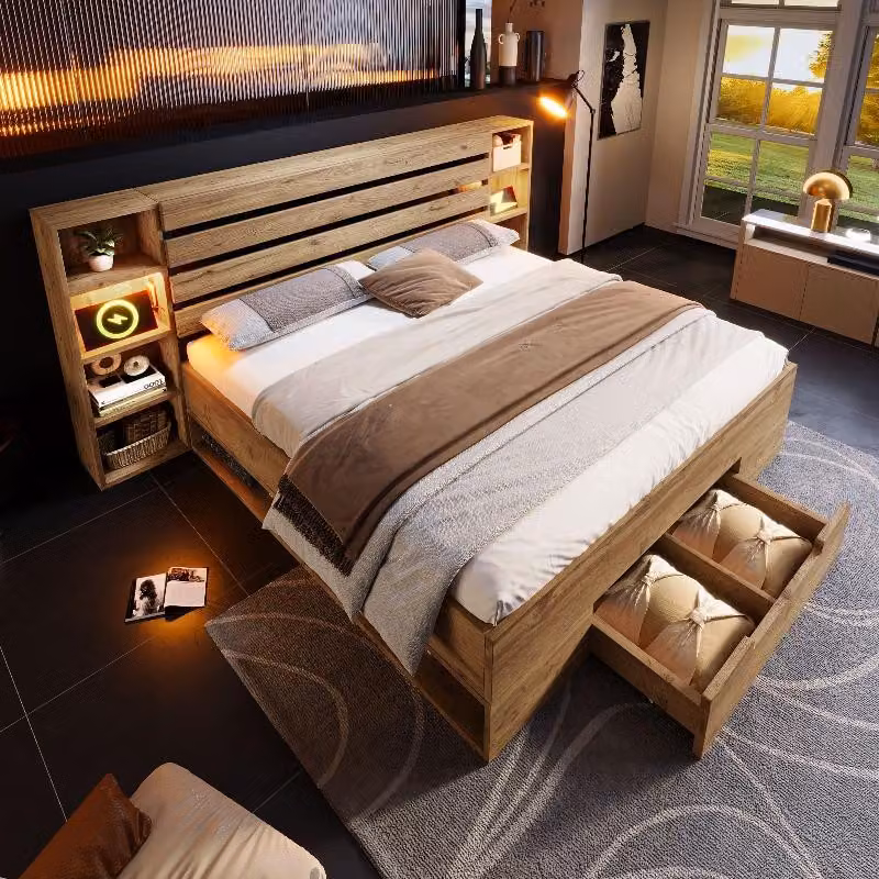 Letto in legno 180x200 cm con spazio contenitore, illuminazione LED e porta USB Type-C, struttura del letto con rete a doghe, testiera con vani portaoggetti e 2 cassetti
