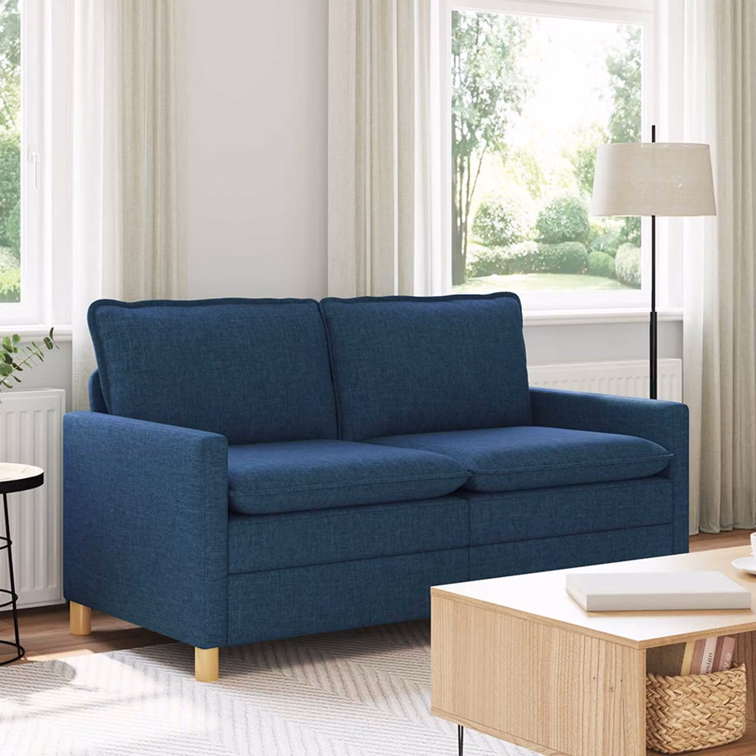 Divano a 2 posti vidaXL in tessuto blu con struttura in metallo, L: 156 cm, P: 81 cm, H: 87,5 cm