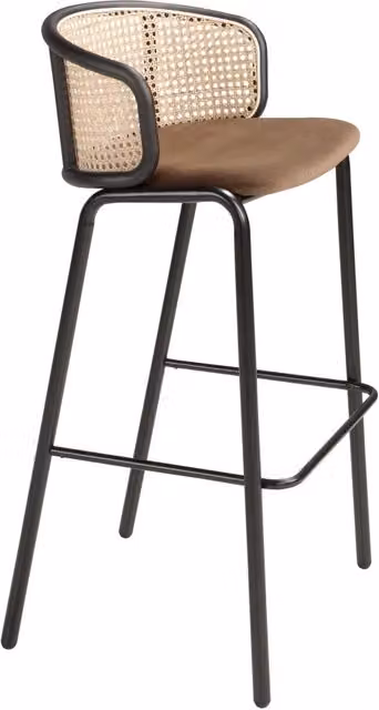 Sgabello moderno Angel Cerdá in rattan e velluto marrone con struttura in metallo nero H: 95 cm, L: 50 cm, P: 50 cm
