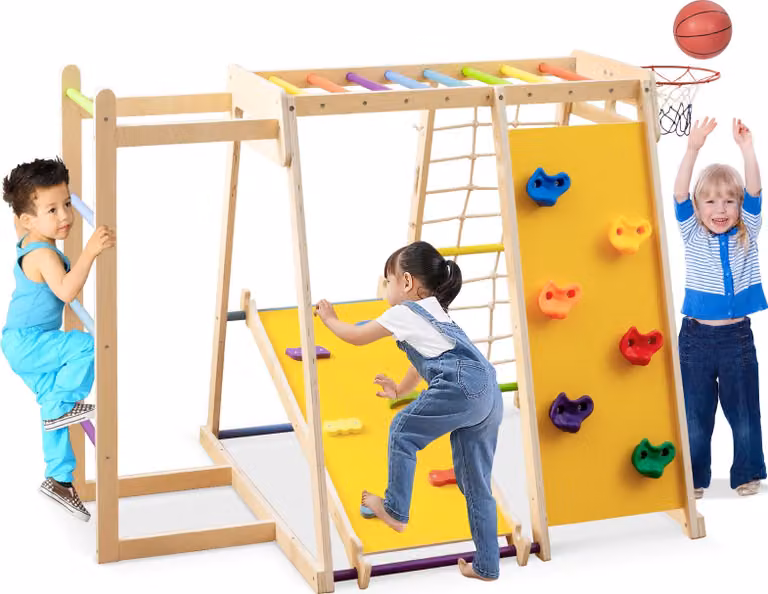 COSTWAY 171x109x110,5 cm struttura da arrampicata per interni, scala da arrampicata 6in1, corda da arrampicata, roccia da arrampicata, scivolo, barra per scimmie e canestro da basket per bambini 3+ colorato