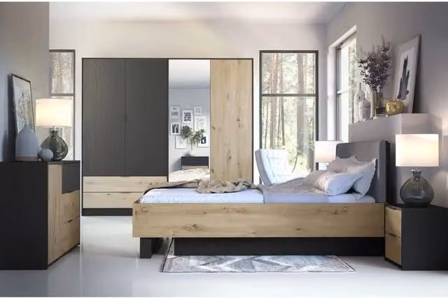 Camera completa Meublorama MELODY in legno nero e rovere chiaro con letto contenitore 180x200 cm, armadio, cassettiera e comodini