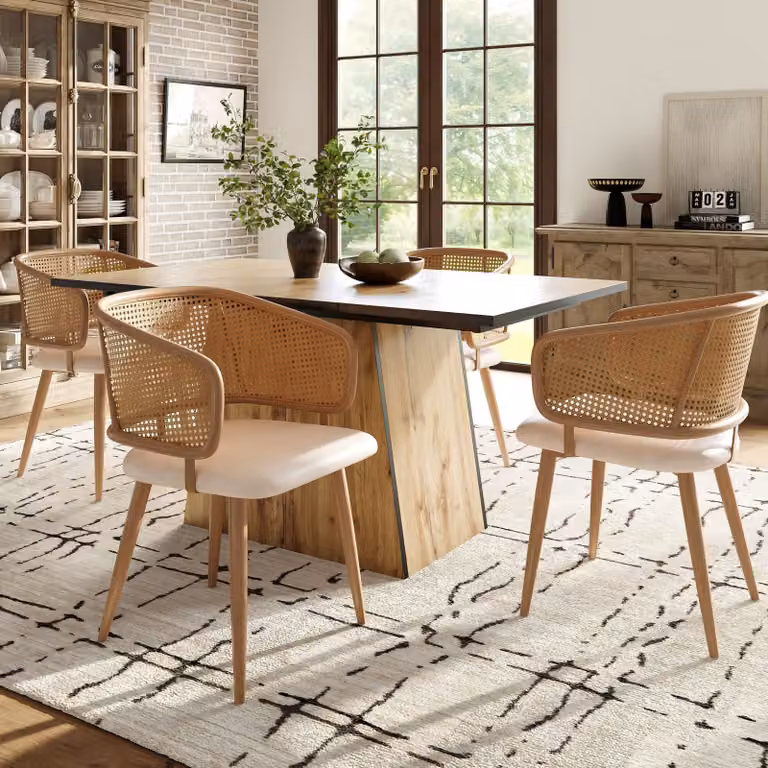 Set di 4 sedie da pranzo Flieks, sedia da pranzo con schienale in rattan, sedia da cucina imbottita, cuscino in velluto, beige