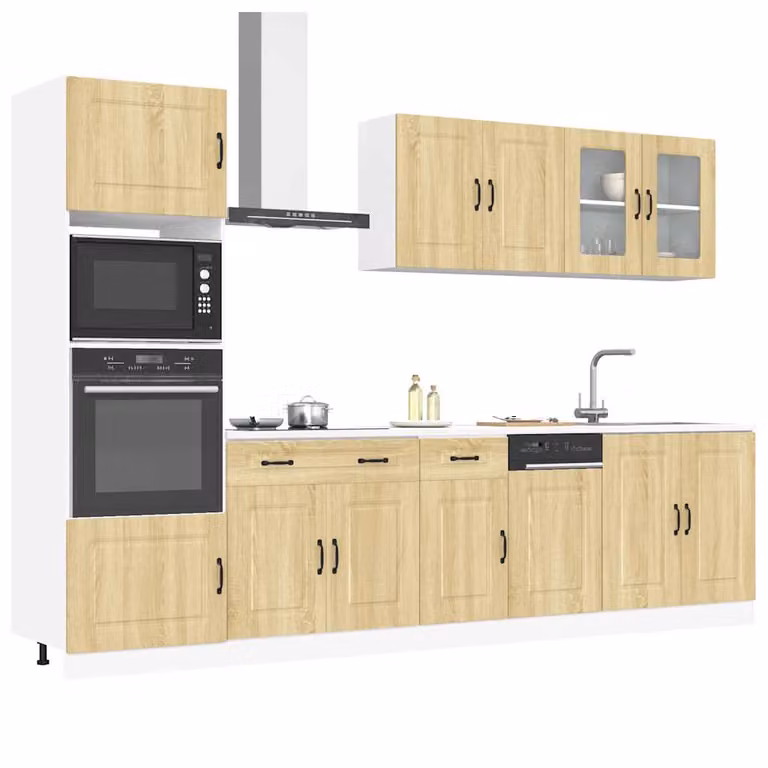 Set di mobili da cucina moderno vidaXL Kalmar composto da 7 pezzi in colorazione marrone e beige con finitura opaca e dettagli in vetro e legno