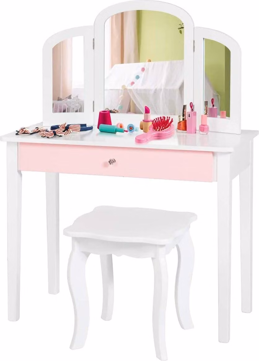 COSTWAY Set da toilette 2in1 per bambini con cassetto con triplo specchio pieghevole e sgabello per il trucco bianco