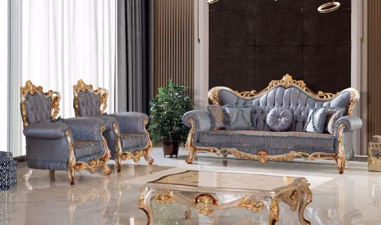 Casa Padrino set da salotto barocco blu / rame / argento / marrone / oro - 2 divani & 2 poltrone & 1 tavolino - Mobili da salotto fatti a mano in stile barocco - Nobile e magnifico