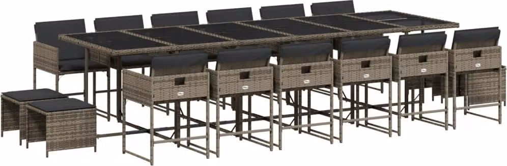 Set da Pranzo da Giardino 17pz con Cuscini Grigio in Polyrattan