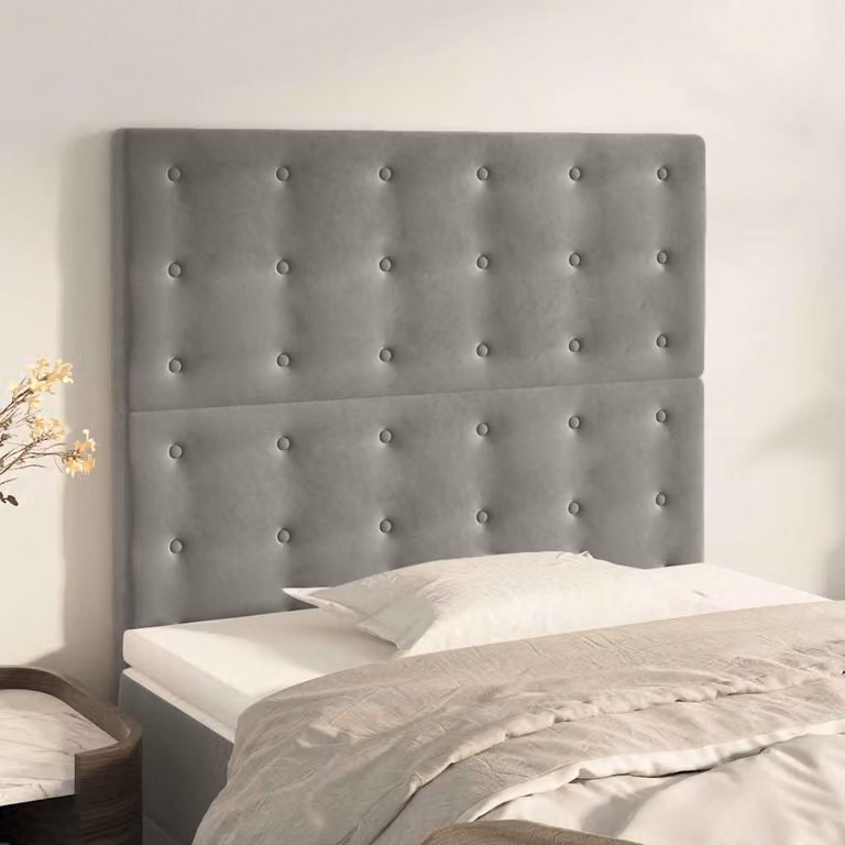 Testiera per letto vidaXL in velluto grigio chiaro con struttura in legno e MDF, L: 100 cm, P: 5 cm, H: 118-128 cm