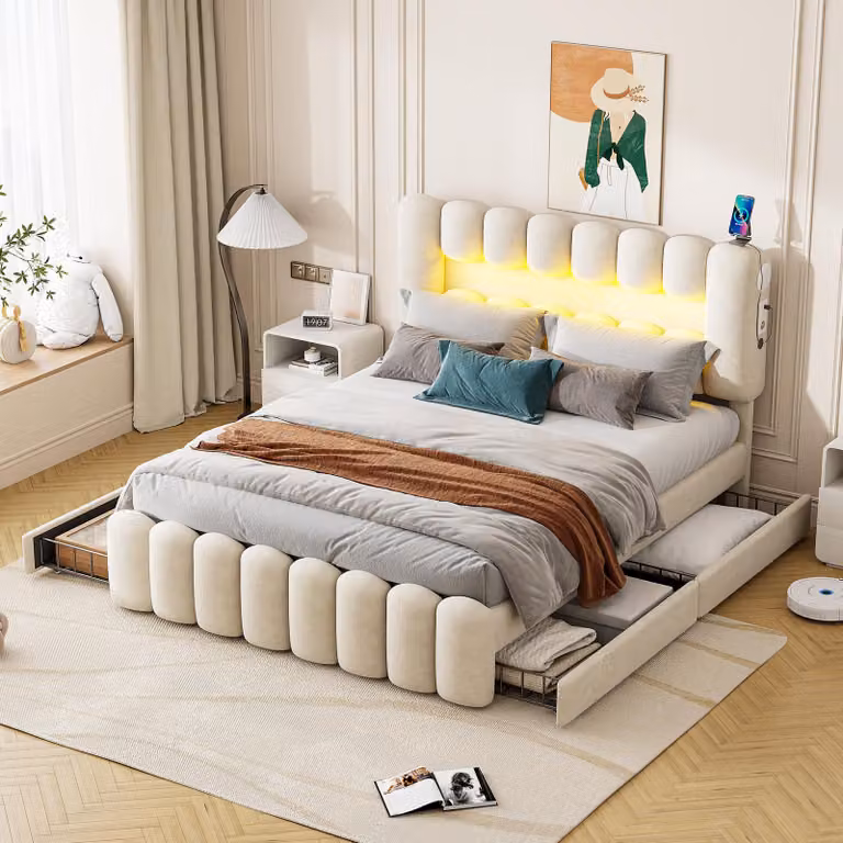 Letto imbottito Merax 160x200cm, con LED, USB e impianto stereo, letto matrimoniale con testata regolabile e 4 cassetti, letto per bambini, velluto, beige