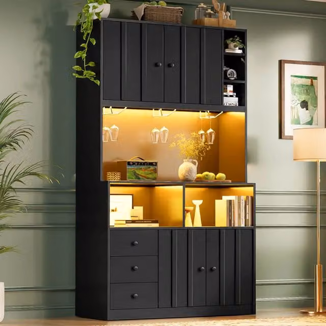 Colonna da cucina moderna WISHDOR in MDF nero con ante in vetro e illuminazione integrata L/P/H: 100 x 40 x 180 cm
