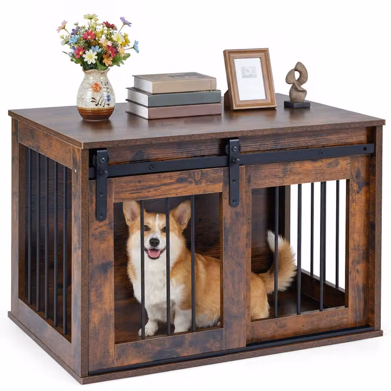 COSTWAY Gabbia per cani, gabbia robusta da 80 cm con porta scorrevole in stile rustico, struttura in metallo, mobile per cani in legno, tavolino laterale decorativo marrone