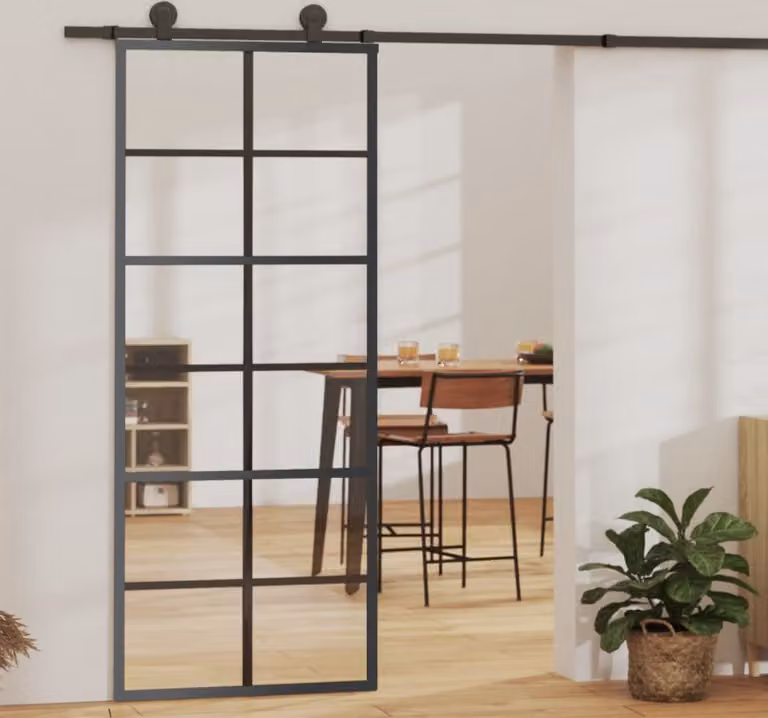The Living Store Porta scorrevole ESG in vetro e alluminio 76x205 cm Nero