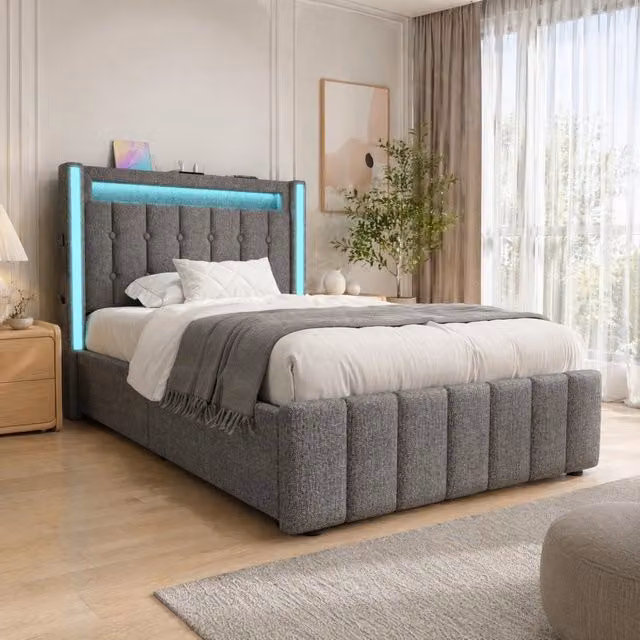 Letto con testiera; LED; 3 USB + Type-C; 2 cassetti; 90x200 cm; tessuto in lino grigio