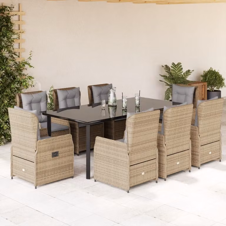 vidaXL Set da Pranzo da Giardino 9 pz in Polyrattan con Cuscini Beige e Piano in Vetro